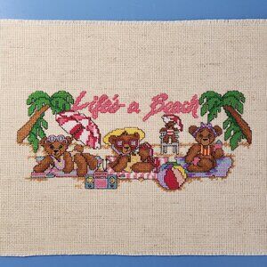 COUNTED CROSS STITCH BEARS AT BEACH BALL SUNBATHING SUMMER PALM TREE